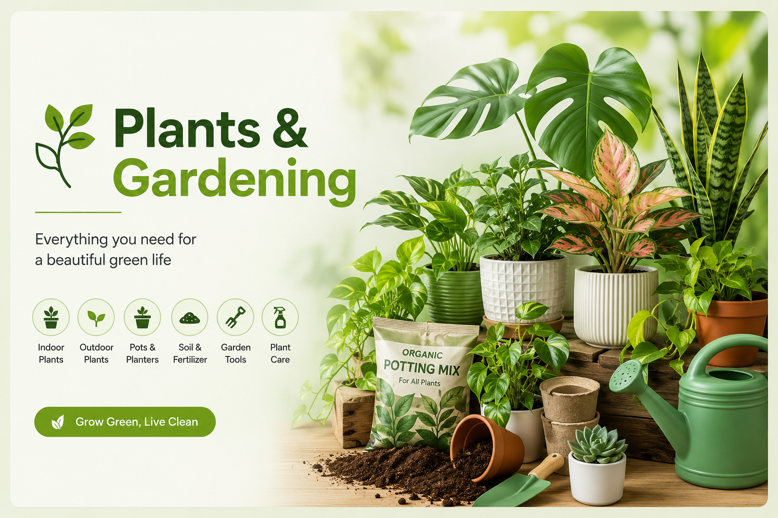 Plants & Gardening banner featuring indoor plants, outdoor plants, pots, planters, potting mix, gardening tools, and plant care products available at Top1sell Bangladesh.