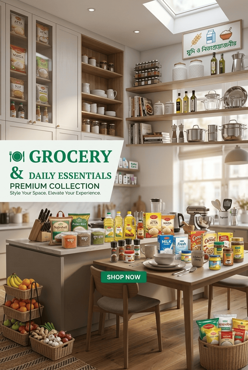 Top1Sell Grocery and Daily Essentials premium collection banner featuring kitchen shelves stocked with rice atta pulses cooking oil milk packets and fresh vegetables